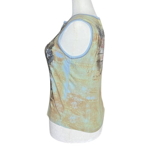 Vintage Y2K Blue Tan Rhinestone Graphic Tank 100% Cotton. Large. Western Artsy - Picture 3 of 11